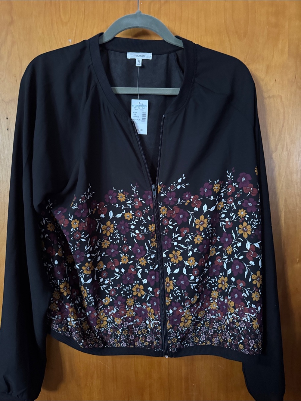 Maurices Black Bomber Jacket with Burgundy and Mustard Floral Print